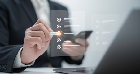 Businessman use laptop and touch with virtual check electronic document. Management System and process automation to efficiently document paperless operate. Document management concept.