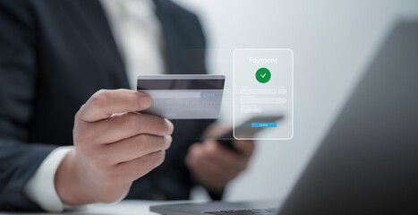 Digital online payment concept. Business people using computer laptop, online payment, banking.Online Money Transfer Confirmed.Concept of e-commerce and online banking, payment transfer.