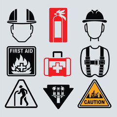 2d vector illustration safety icons , Civil protection and safety when working and taking safety 
