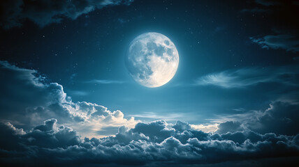 .A luminous full moon shines brightly in a starry night sky, surrounded by soft, billowing clouds.