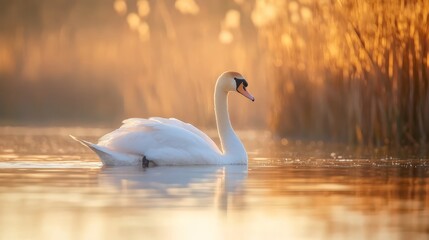 Fototapeta premium A pristine white swan floats atop a tranquil lake Nearby, a forest stands tall, its grasses blanketed in vibrant autumn leaves