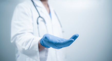 Close up medical worker hand wearing medical glove holding of something on white background