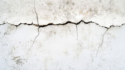 The white wall of a building has a big crack running through it. The concrete is old and rough, showing the crack clearly.