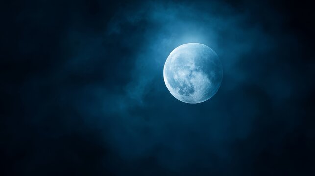  A full moon shrouded in clouds, sporting a bluish tint on the left side - Powered by Adobe