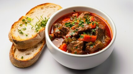 A hearty bowl of Hungarian goulash with tender beef, vegetables, and paprika-infused sauce, served with a side of crusty bread,