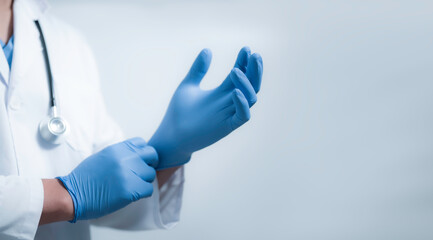 Medical worker wearing medical gloves on white background