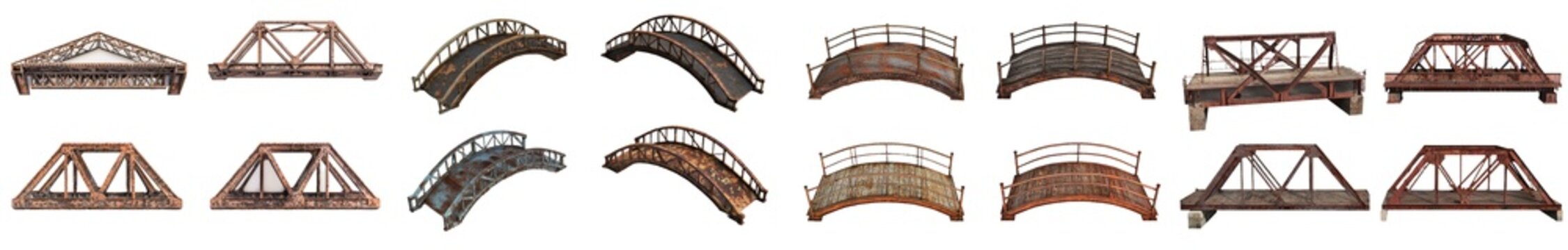 Mockup template with several assorted styles of rustic arch metal bridge side views on transparent background.