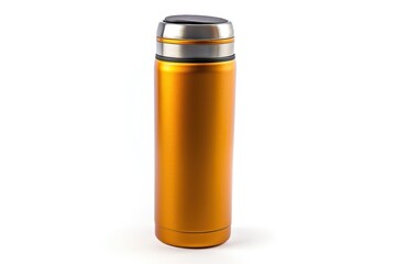 Stainless steel travel mug on white background
