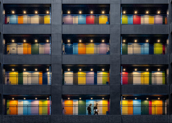 View of the colourful and vibrant soho shared working space with many colourful doors and geometric patterns, koto city tokyo, japan.