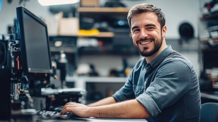 Smiling Mechanic Working on Laptop in Auto Repair Shop with Modern Car Parts Store in Background