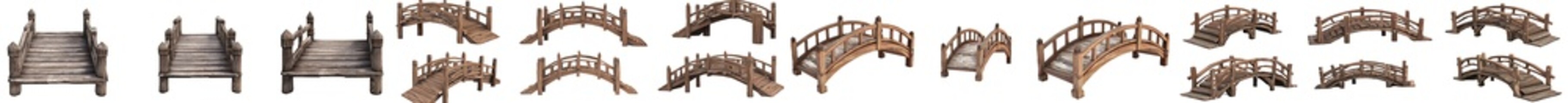 Obraz premium A collection of arch rustic wooden wood suspended rope suspension bridge entrance footbridge boardwalk on transparent cutout file. Many different styles. Mockup template for design.