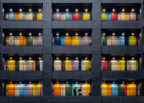 View of the colourful and vibrant soho shared working space with many colourful doors and geometric patterns, koto city tokyo, japan.