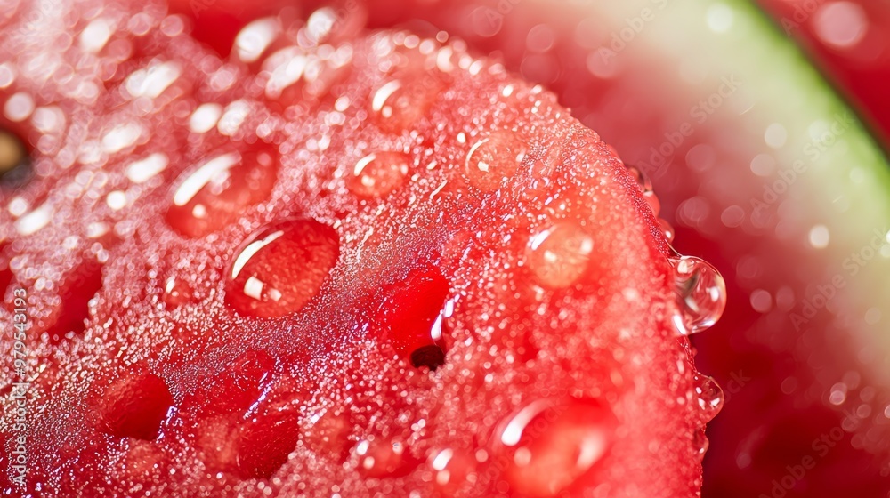 Sticker a tight shot of a watermelon slice with water drops dripping on its surface