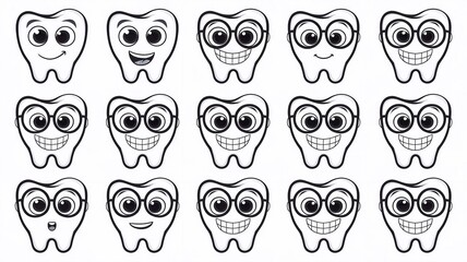 Obraz premium A collection of various expressions of a cute cartoon tooth character. on a white background