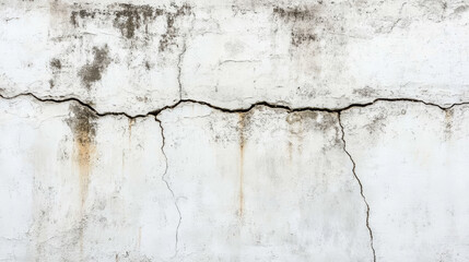 The white wall of a building has a big crack running through it. The concrete is old and rough, showing the crack clearly.