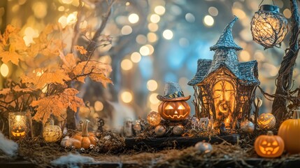 Fototapeta premium Whimsical Halloween Celebration, enchanting decorations fill a vibrant space, with playful motifs, colorful lights, and imaginative elements creating a magical atmosphere for festivities