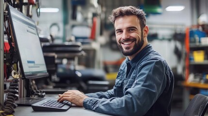 Smiling Mechanic Working on Laptop in Auto Repair Shop with Modern Car Parts Store in Background