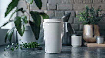 A modern mockup of a white travel mug with a leak-proof lid, ready for on-the-go adventures.