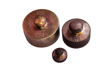 Various weights made of brass. Masses in grams.
