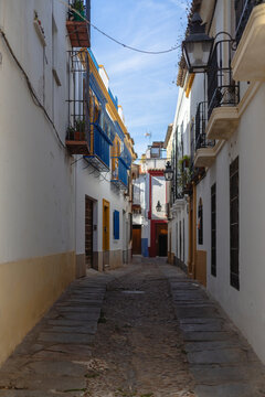 View of charming narrow cobblestone street with colorful buildings and balconies, Cordoba, Spain.