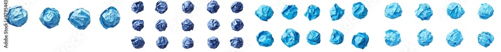 Poster set of a dark light blue crushed scrunched paper ball on a transparent background. multiple designs.