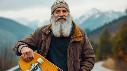 Bearded Hipster Skateboarder in Nature