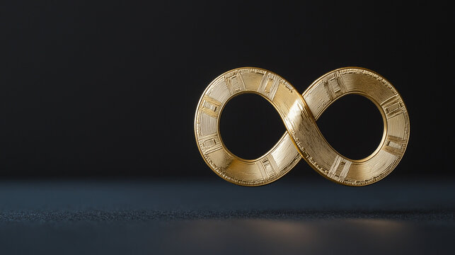 Gold infinity symbol with Roman numeral detailing on a black background representing timeless value and eternity
