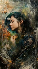 Fototapeta premium A woman with long dark hair, closed eyes and a white flower in her hair, stands in an abstract forest with an orange, yellow and blue color palette.