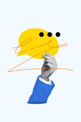 Vertical creative art collage of hands hold bubble communication speech dialogue mind phrase talk...