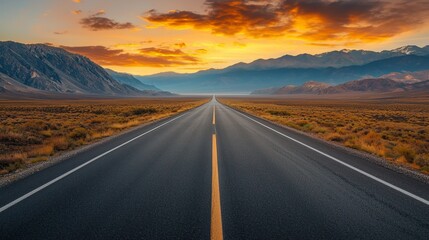 Fototapeta premium A stunning journey awaits on this lonely road, embraced by breathtaking mountains and a vibrant sunset painting the sky in colors.