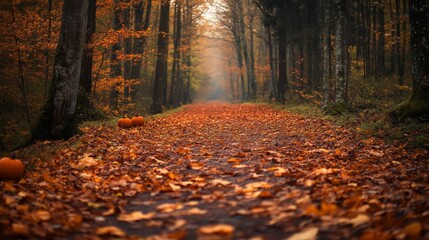 A carpet of crisp, fallen leaves covering a winding forest path. You could also add scattered acorns and pumpkins for a seasonal touch. 