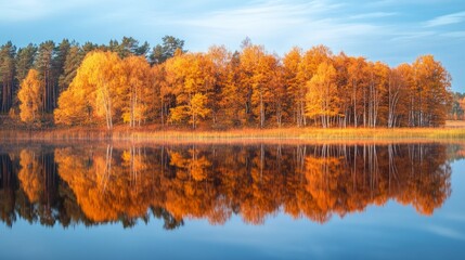 Obraz premium Autumn Serenity, a tranquil lake mirroring brilliant orange and yellow foliage, captures the essence of fall's beauty in nature's peaceful embrace.