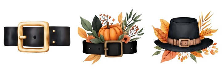Elegant black accessories with gold accents featuring a belt and a stylish hat, complemented by autumnal decorations.