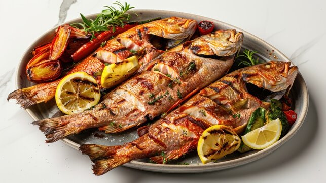 A platter of grilled red snapper fillets, accompanied by grilled lemon wedges and a side of roasted vegetables