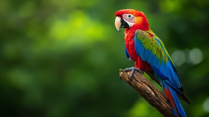 Obraz premium A vibrant parrot atop a tree branch against a lush, green background