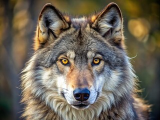 Obraz premium A majestic grey wolf's face, eyes fixed intently, fur fluffed around the muzzle, and ears perked, exudes a sense of wild, untamed power and primal instinct.