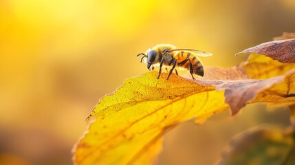  A bee up close on a green leaf against a bright yellow background, foreground blurred