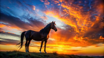 Naklejka premium A majestic horse stands alone at dawn, its dark silhouette contrasting against a vibrant orange and pink sunrise sky with fluffy white clouds.