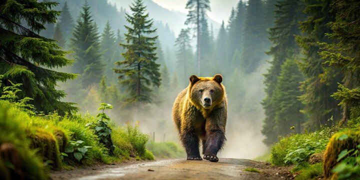 A majestic grizzly bear walks solo along a serene, misty forest trail, its lush green surroundings and towering trees contrasting with its rugged, furry coat.
