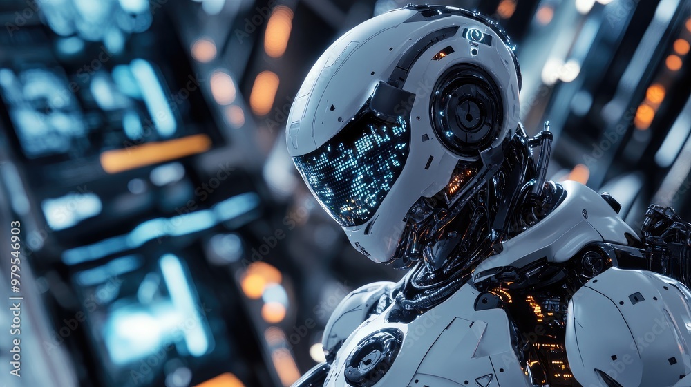 Poster high-tech robot featuring advanced ai technology, with glowing interfaces and futuristic mechanics i