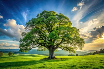 Fototapeta premium A majestic, solitary tree stands tall in a lush green meadow, its gnarled branches stretching towards the sky, surrounded by a serene natural landscape.