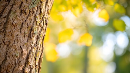 Obraz premium A tree trunk at the foreground, closely framed, surrounded by a backdrop of numerous green leaves on trees in the background, with a tree softly blurred in the near distance
