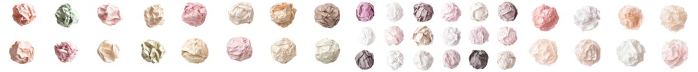 This collection set features pastel pink, beige and white crumpled paper balls on a transparent background. It comes in a variety of different designs.