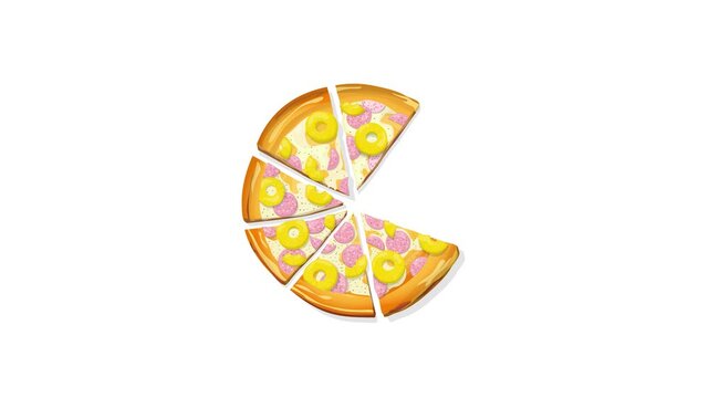 Pizza Hawaii  loop animation suitable for food ordering app with disappearing and appearing slices. Abstract 4K video motion graphic isolated over white background.