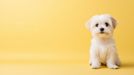Adorable Shih Tzu Puppy Poses on Vibrant Yellow Background with Blank Space for Text, Cute Pet Photography Concept