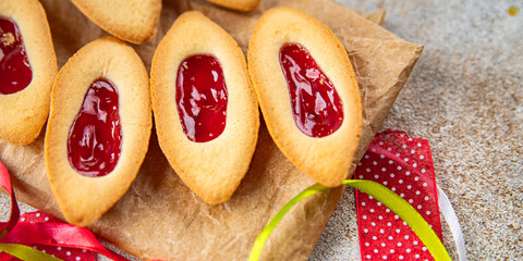 Christmas cookies strawberry jam boat shape sweet cookies delicious baked goods Christmas background holiday fresh meal food snack on the table copy space food background rustic top view