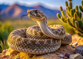 A menacing western diamondback rattlesnake coils on a rocky outcropping, its scaly body camouflaged amidst desert flora, its forked tongue darting in and out.