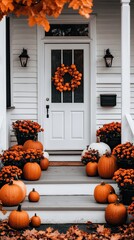 Obraz premium Vibrant orange and white pumpkins are artfully arranged with colorful mums on the porch steps of a house, showcasing a charming fall decoration theme