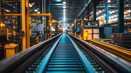 Fototapeta premium Conveyor belts moving raw materials through different stages of production, with machines processing them into finished goods.