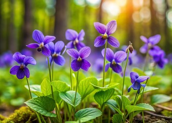 Delicate purple flowers of common dog violets bloom amidst lush greenery in fertile forests of southern and central Finland during late spring and early summer.